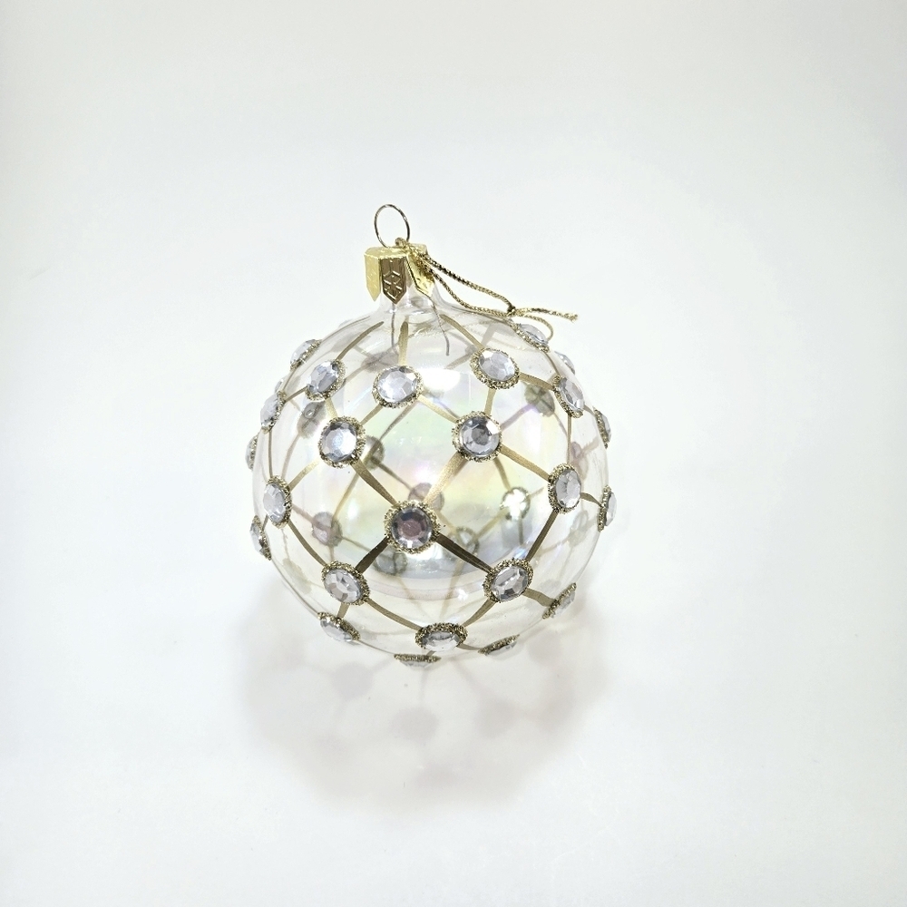 Glass Christmas Ornament with Small Crystals Gold Paint & Glitter Like New